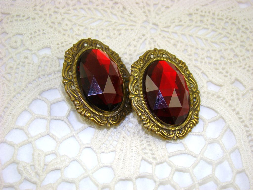 SALE Old Ruby Red Glass Oval Earrings SALE Old Ruby Red Glass Oval Earrings