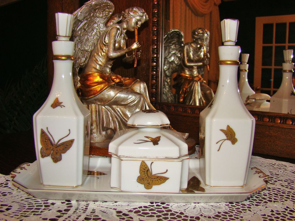 7-Piece Andrea by Sadek Art Deco Style Porcelain Vanity Set with Butterflies 7-Piece Andrea by Sadek Art Deco Style Porcelain Vanity Set with Butterflies