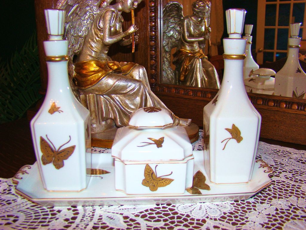 7-Piece Andrea by Sadek Art Deco Style Porcelain Vanity Set with Butterflies 7-Piece Andrea by Sadek Art Deco Style Porcelain Vanity Set with Butterflies