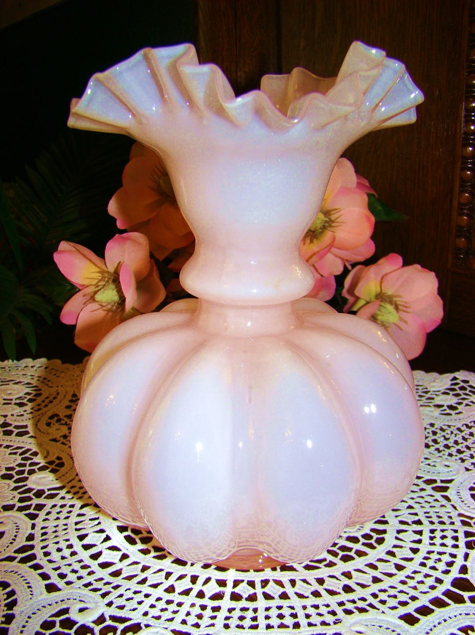 Circa 40s Fenton Rose Overlay Large Melon Vase Circa 40s Fenton Rose Overlay Large Melon Vase