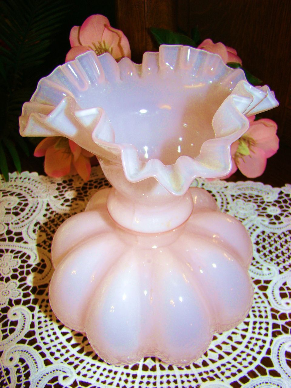 Circa 40s Fenton Rose Overlay Large Melon Vase Circa 40s Fenton Rose Overlay Large Melon Vase