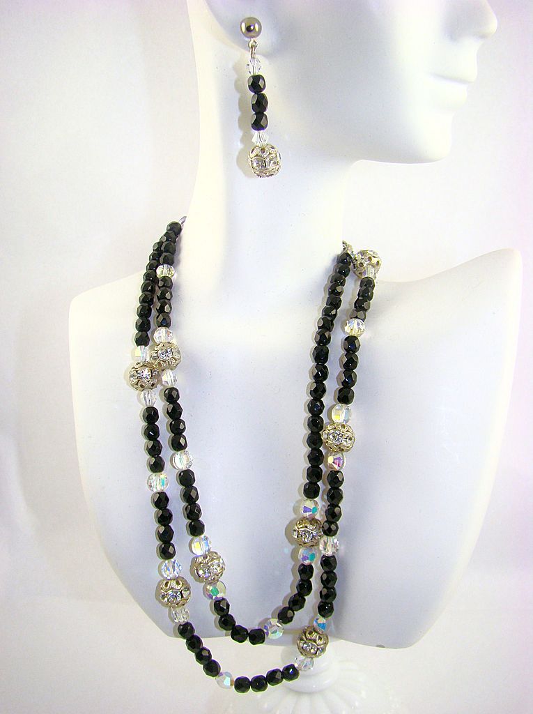 Stunning Black Glass Bead, Crystal and Rhinestone Rondelle Demi Parure Stunning Black Glass Bead, Crystal and Rhinestone Rondelle Demi Parure