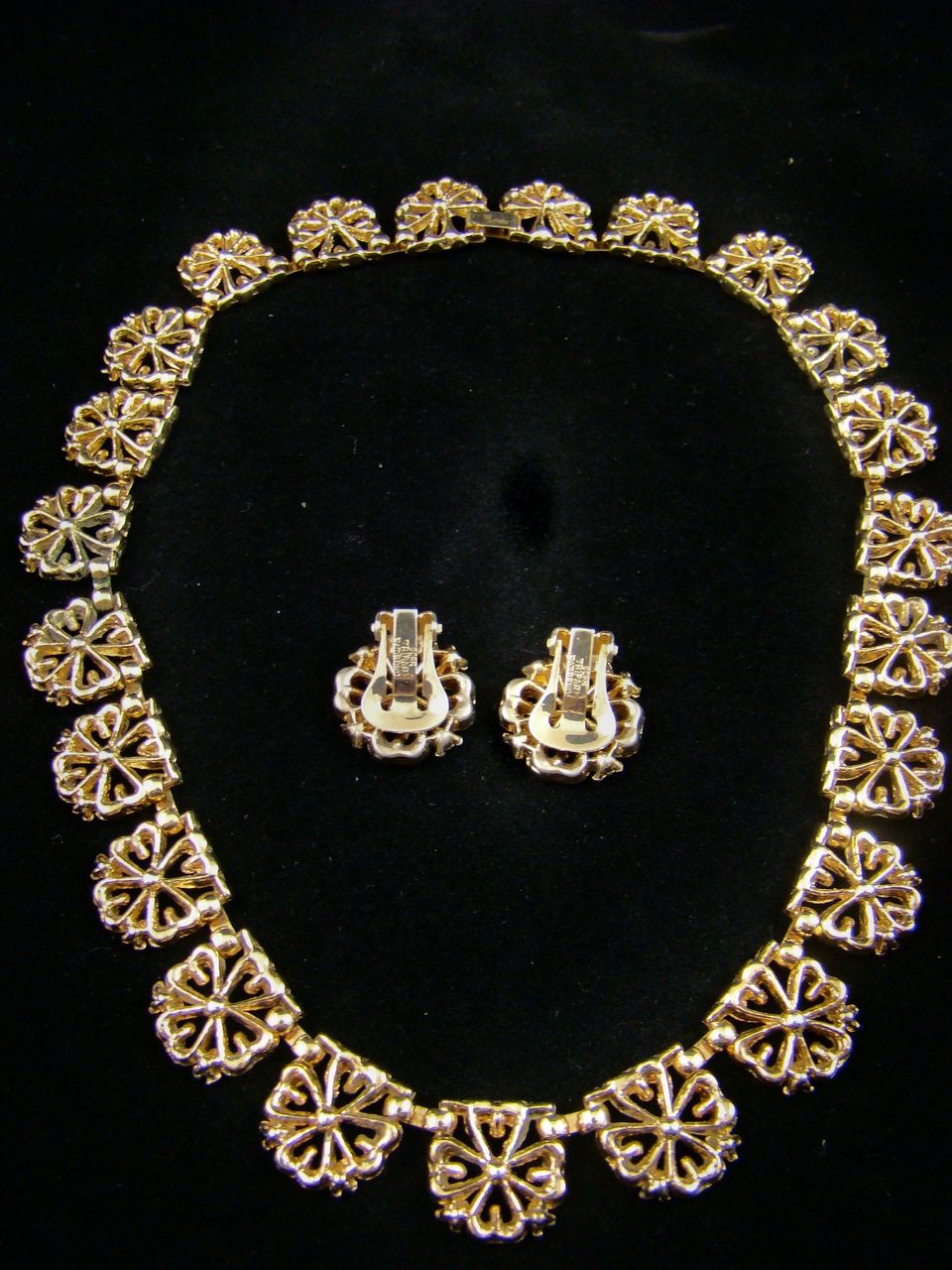 1940's Trifari Patent Pending Gold Plated and Rhinestone Demi Parure 1940's Trifari Patent Pending Gold Plated and Rhinestone Demi Parure
