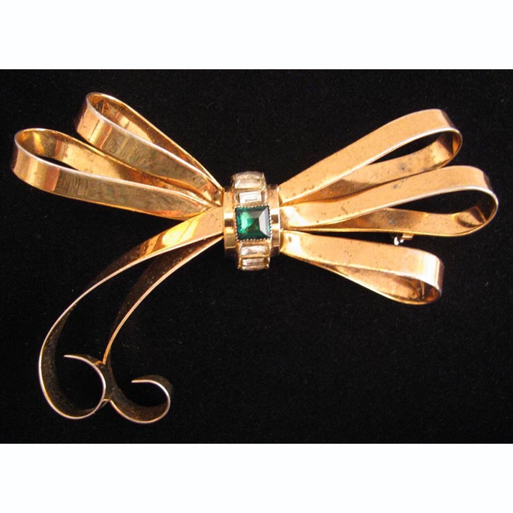 Big c.1940s Sterling Vermeil Bow Brooch w/ Rhinestones Big c.1940s Sterling Vermeil Bow Brooch w/ Rhinestones