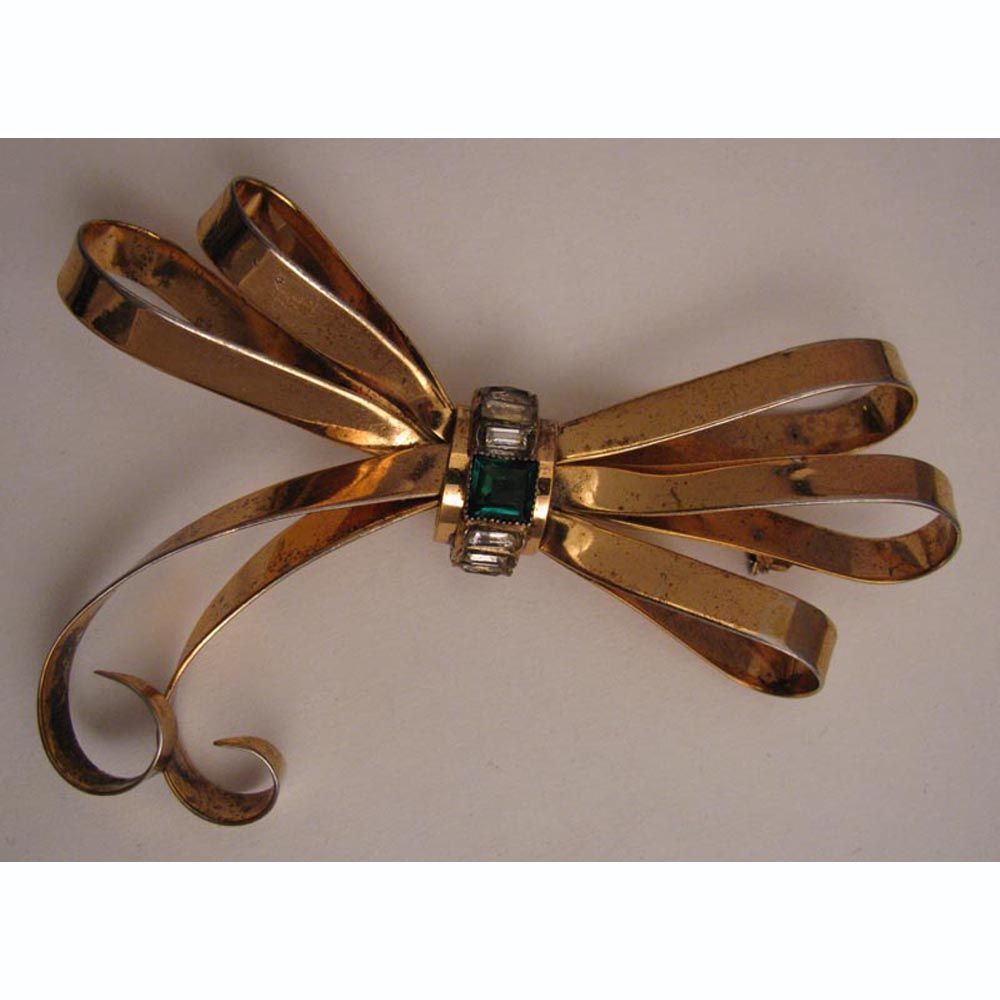 Big c.1940s Sterling Vermeil Bow Brooch w/ Rhinestones Big c.1940s Sterling Vermeil Bow Brooch w/ Rhinestones