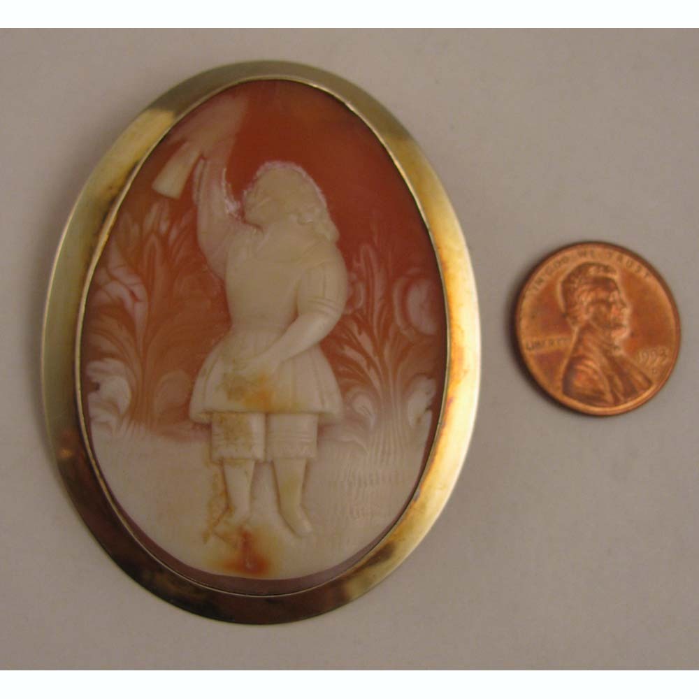 MId 1800s Carved Shell Cameo of Child in Garden w/Bird in 14K Brooch MId 1800s Carved Shell Cameo of Child in Garden w/Bird in 14K Brooch
