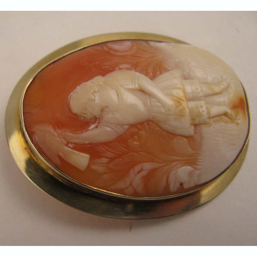 MId 1800s Carved Shell Cameo of Child in Garden w/Bird in 14K Brooch MId 1800s Carved Shell Cameo of Child in Garden w/Bird in 14K Brooch