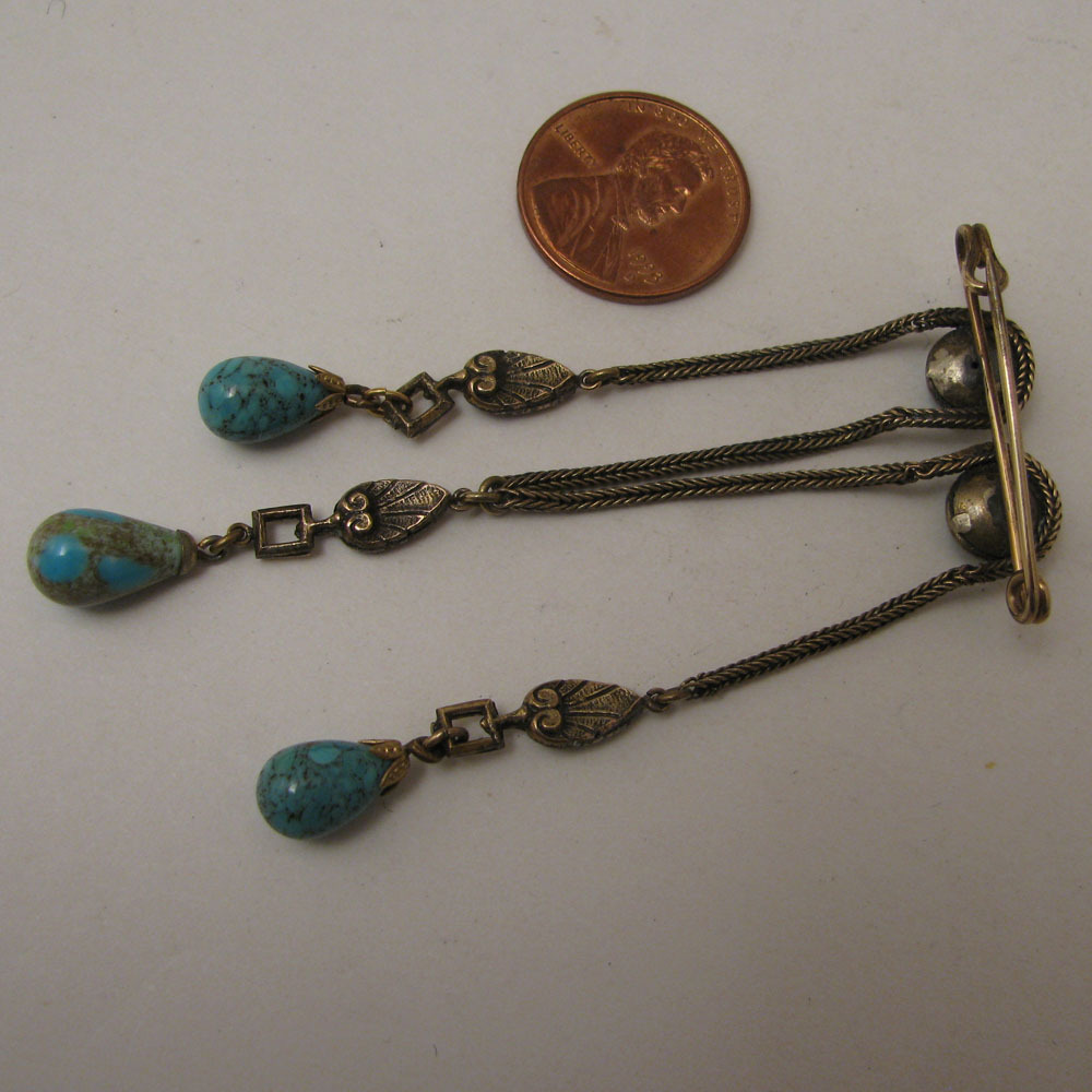 Early 1900s Czech Turquoise Art Glass Triple Dangle Brooch Early 1900s Czech Turquoise Art Glass Triple Dangle Brooch