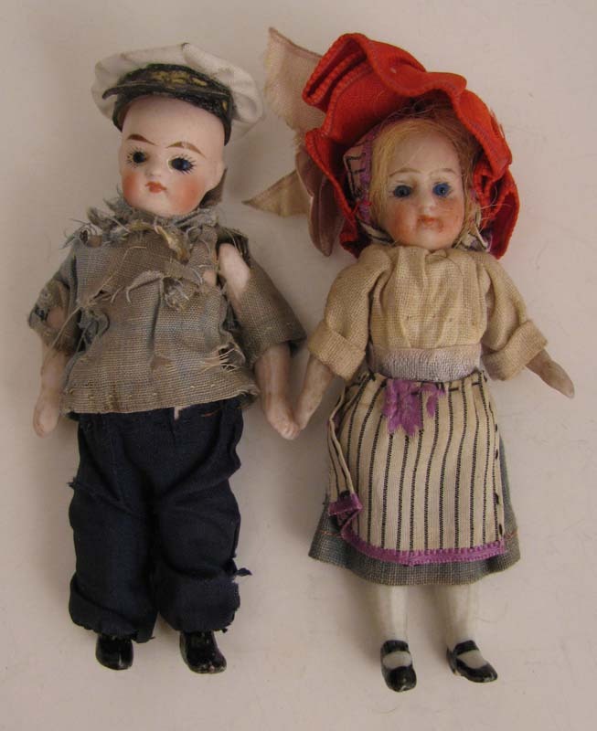 3.25" Pair German All Bisque Dolls w/ Glass Eyes & Original Clothes 3.25" Pair German All Bisque Dolls w/ Glass Eyes & Original Clothes
