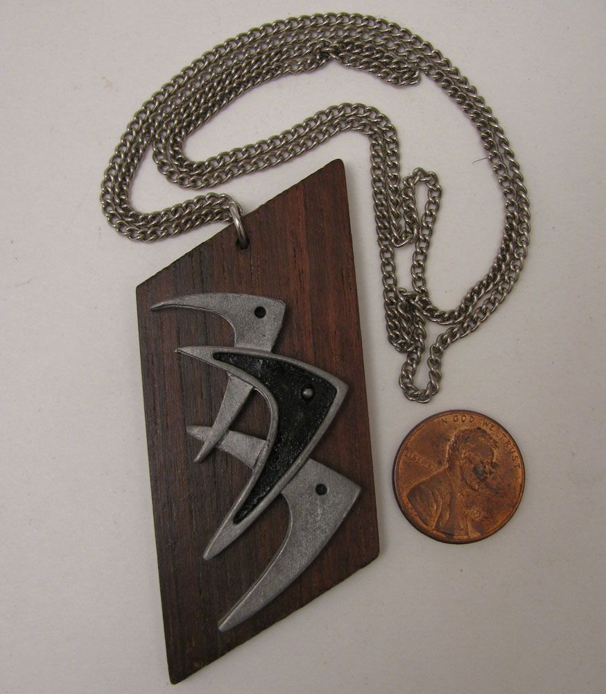 Mid Century Modern Boomerang Fish on Teak Wood Pendant Necklace Mid Century Modern Boomerang Fish on Teak Wood Pendant Necklace