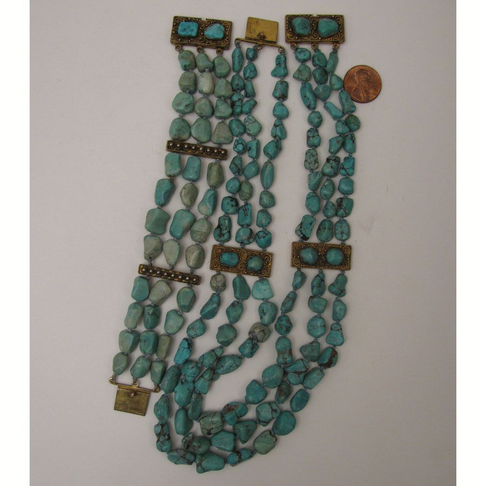 c.1900 Chinese Export 3 Strand Turquoise Nugget Necklace & Bracelet Set c.1900 Chinese Export 3 Strand Turquoise Nugget Necklace & Bracelet Set