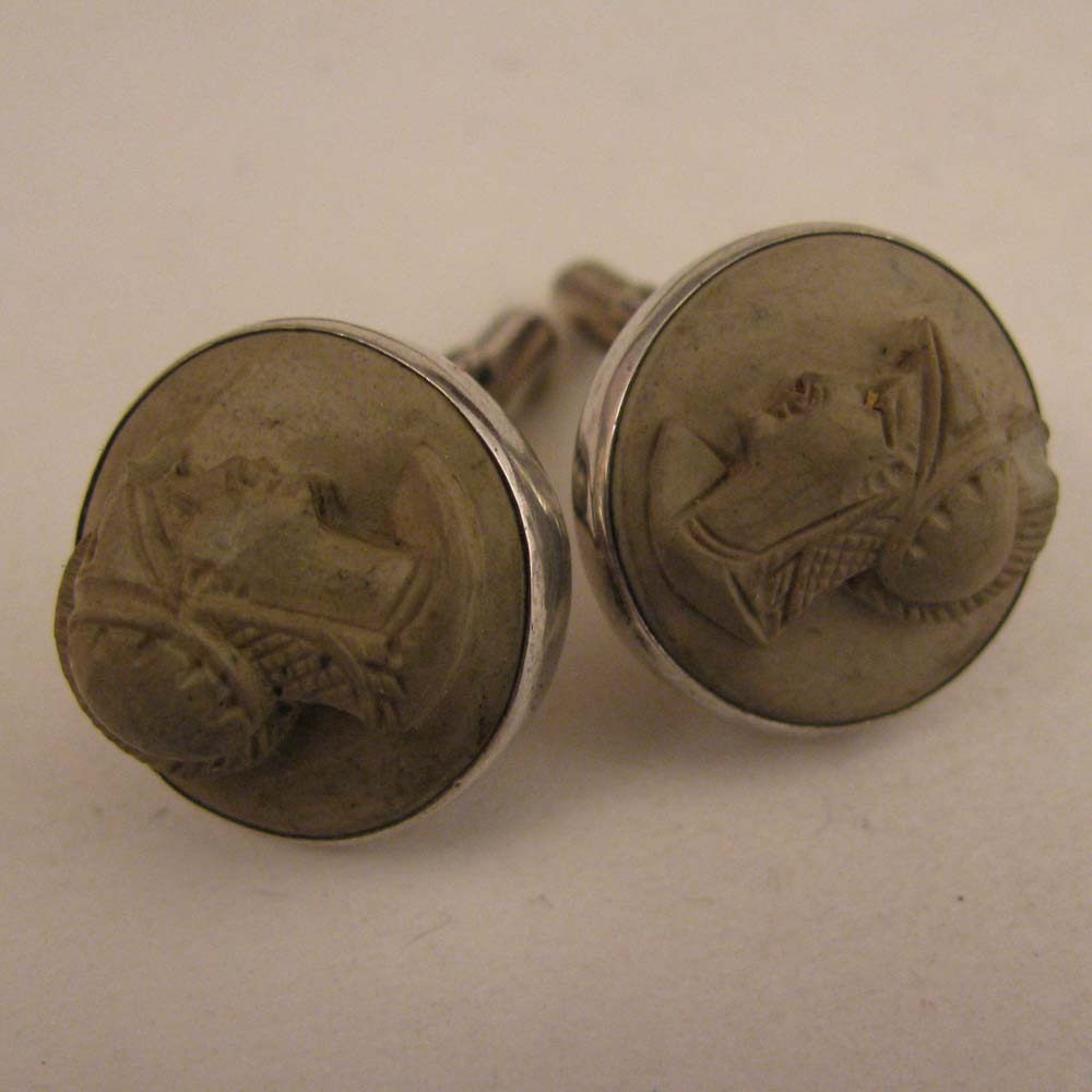 Early 1900s Mans Italian 800 Silver Lava Cameo Cufflinks & Tie Clip Set Early 1900s Mans Italian 800 Silver Lava Cameo Cufflinks & Tie Clip Set