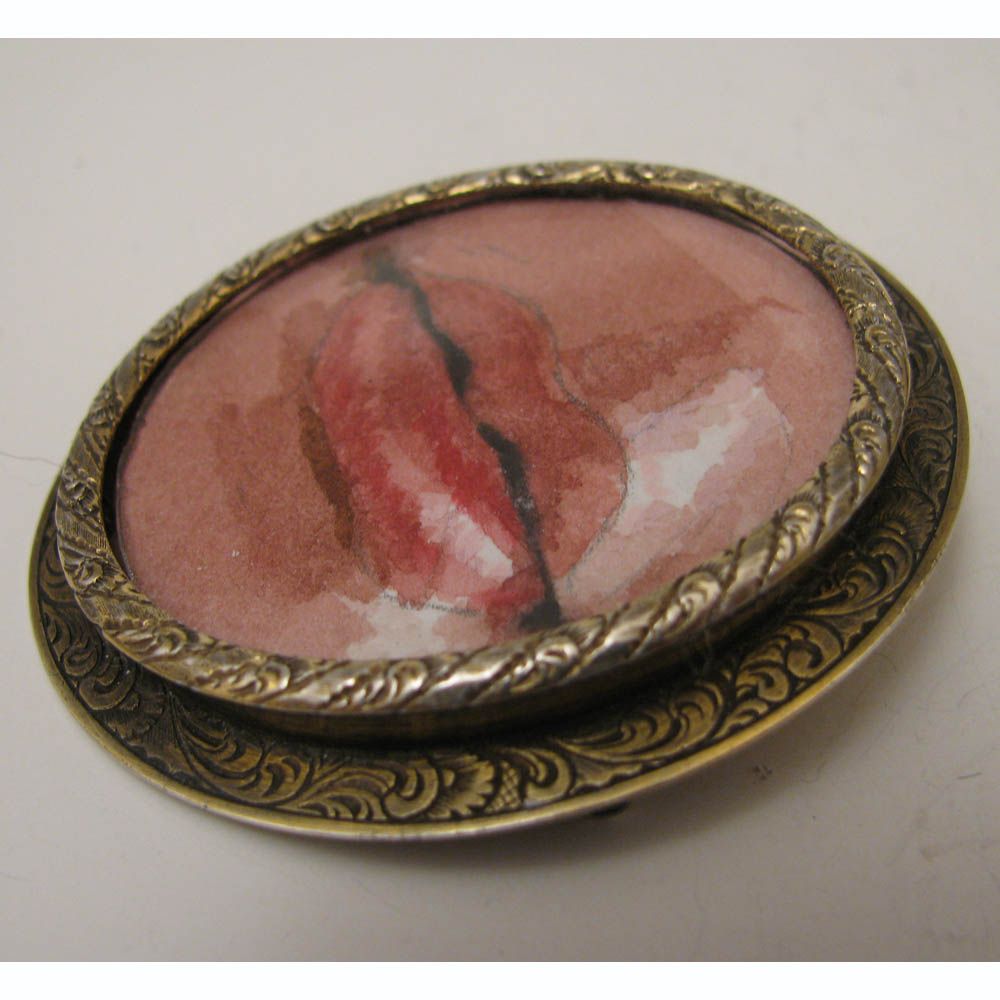 Hand Painted Miniature Lover's Lips in Antique Sterling Brooch Hand Painted Miniature Lover's Lips in Antique Sterling Brooch