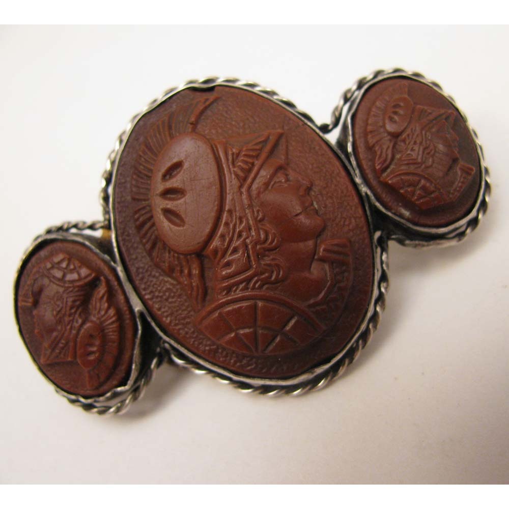 Antique Victorian 800 Silver Triple Cameo Warriors Brooch Antique Victorian 800 Silver Triple Cameo Warriors Brooch