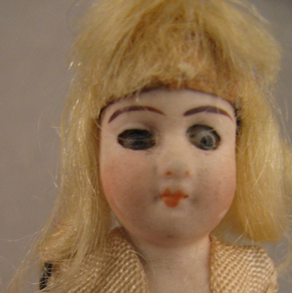 3.5" German Glass Eye Blond Wigged All Bisque Doll - all original 3.5" German Glass Eye Blond Wigged All Bisque Doll - all original