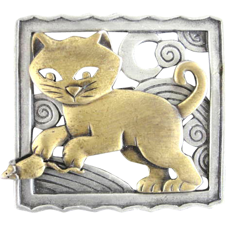 JJ Cat Mouse Pin 2 Tone Brass Silver Tone Matte JJ Cat Mouse Pin 2 Tone Brass Silver Tone Matte