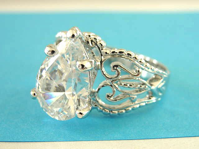LARGE Sterling CZ Ring Signed Pear Shaped Filigree Size 10 3/4-11 LARGE Sterling CZ Ring Signed Pear Shaped Filigree Size 10 3/4-11