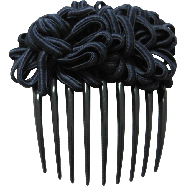 Vintage black celluloid hair comb with ornamental fabric top Vintage black celluloid hair comb with ornamental fabric top