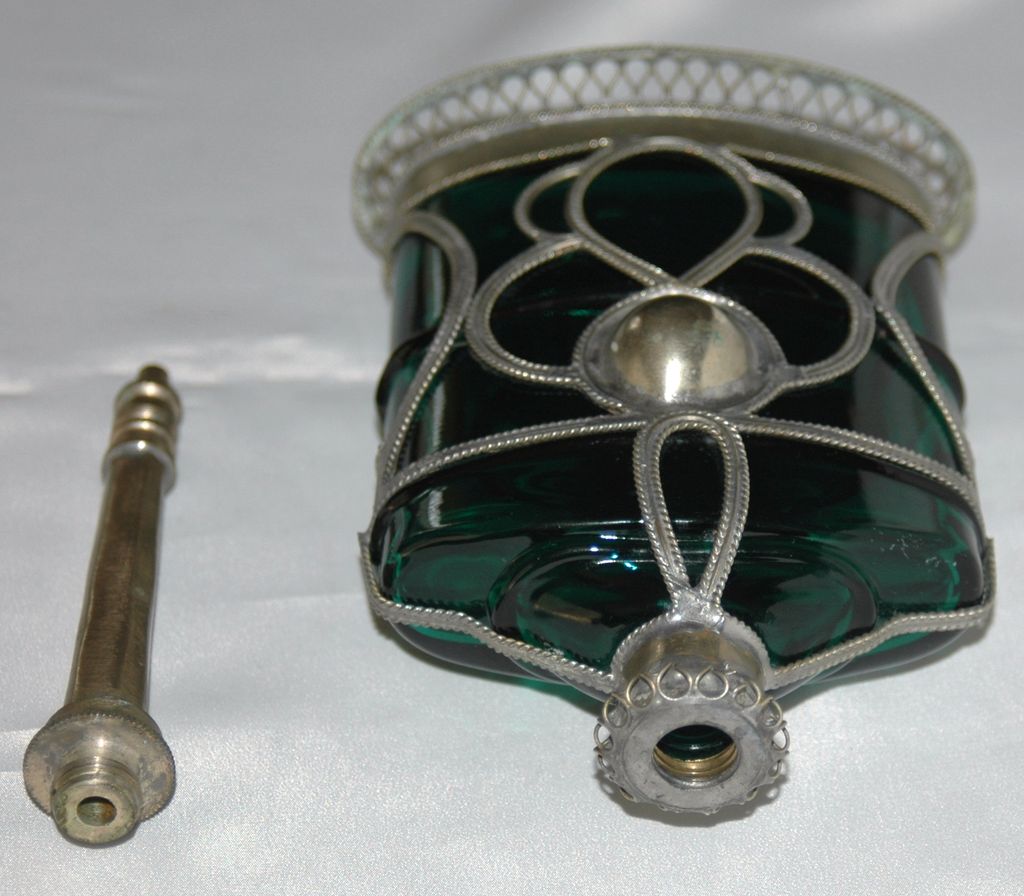 Emerald Green Glass Oil or Perfume Bottle with Cased Metal Emerald Green Glass Oil or Perfume Bottle with Cased Metal