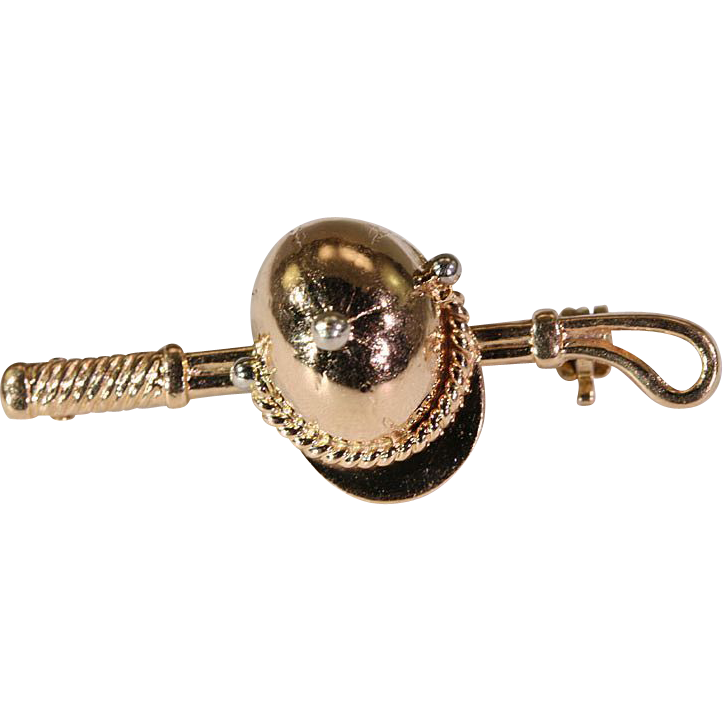 1950's 18k Gold Jockey Helmet & Riding Crop Brooch Pin 1950's 18k Gold Jockey Helmet & Riding Crop Brooch Pin