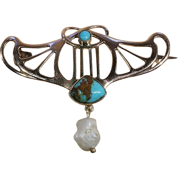 Antique Art Nouveau Turquoise and Pearl Pin/Brooch, 9k c.1900 Signed 'B.H.J.' Antique Art Nouveau Turquoise and Pearl Pin/Brooch, 9k c.1900 Signed 'B.H.J.'