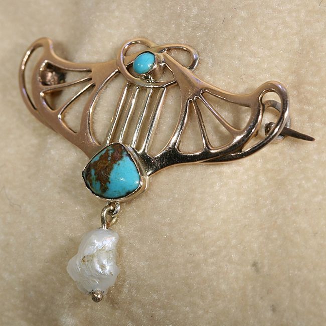 Antique Art Nouveau Turquoise and Pearl Pin/Brooch, 9k c.1900 Signed 'B.H.J.' Antique Art Nouveau Turquoise and Pearl Pin/Brooch, 9k c.1900 Signed 'B.H.J.'