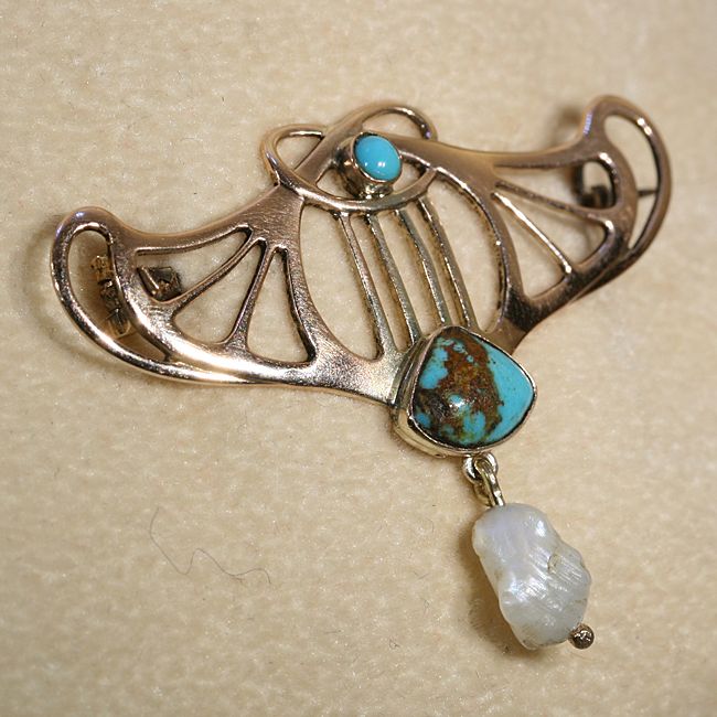 Antique Art Nouveau Turquoise and Pearl Pin/Brooch, 9k c.1900 Signed 'B.H.J.' Antique Art Nouveau Turquoise and Pearl Pin/Brooch, 9k c.1900 Signed 'B.H.J.'