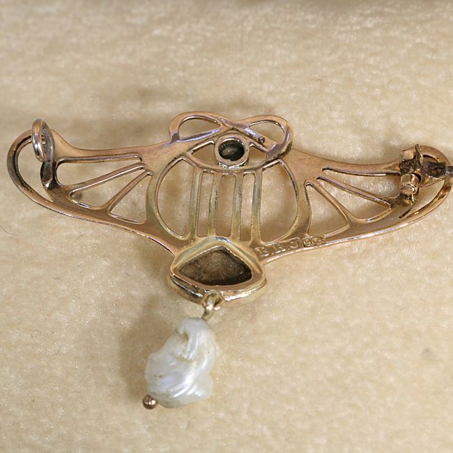Antique Art Nouveau Turquoise and Pearl Pin/Brooch, 9k c.1900 Signed 'B.H.J.' Antique Art Nouveau Turquoise and Pearl Pin/Brooch, 9k c.1900 Signed 'B.H.J.'