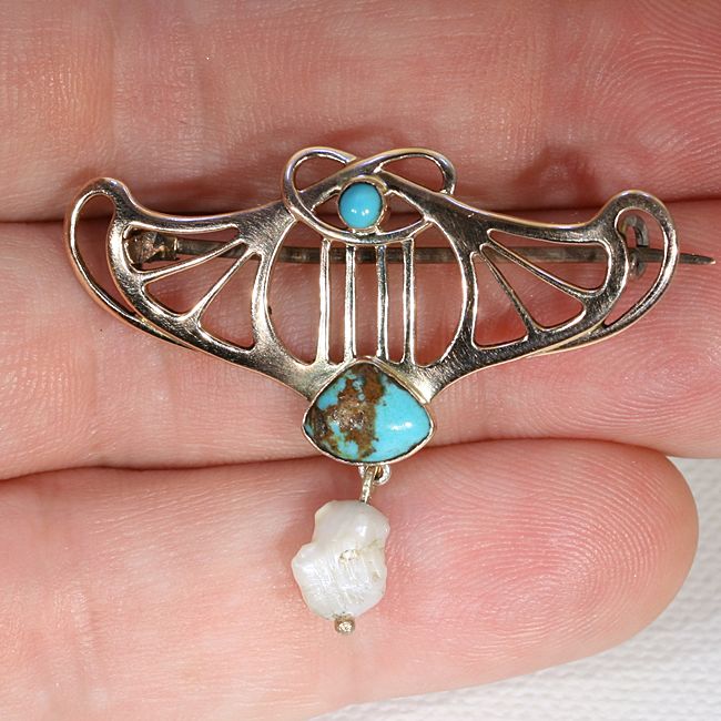 Antique Art Nouveau Turquoise and Pearl Pin/Brooch, 9k c.1900 Signed 'B.H.J.' Antique Art Nouveau Turquoise and Pearl Pin/Brooch, 9k c.1900 Signed 'B.H.J.'