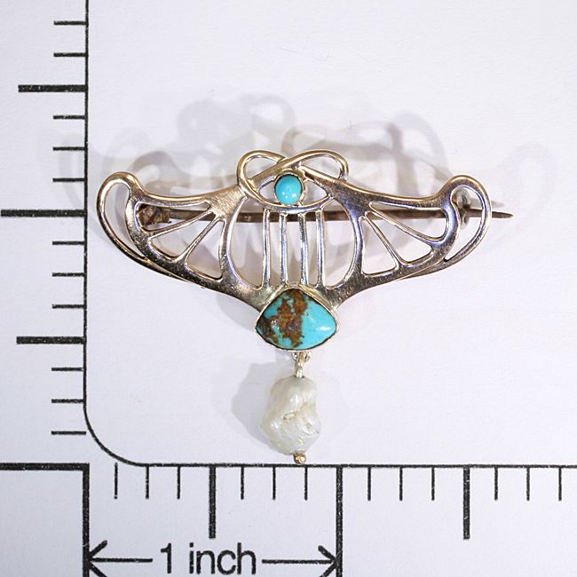 Antique Art Nouveau Turquoise and Pearl Pin/Brooch, 9k c.1900 Signed 'B.H.J.' Antique Art Nouveau Turquoise and Pearl Pin/Brooch, 9k c.1900 Signed 'B.H.J.'