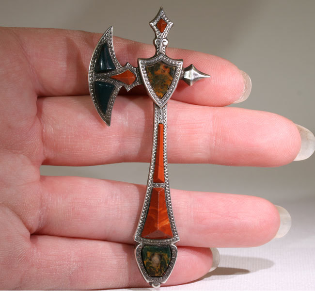 Wonderful Antique Victorian Silver & Agate Scottish Pebble Axe Brooch Wonderful Antique Victorian Silver & Agate Scottish Pebble Axe Brooch