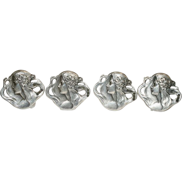 Set of Four Art Nouveau Lady in Head Profile Silver Buttons Signed by Felix Rasumny Set of Four Art Nouveau Lady in Head Profile Silver Buttons Signed by Felix Rasumny