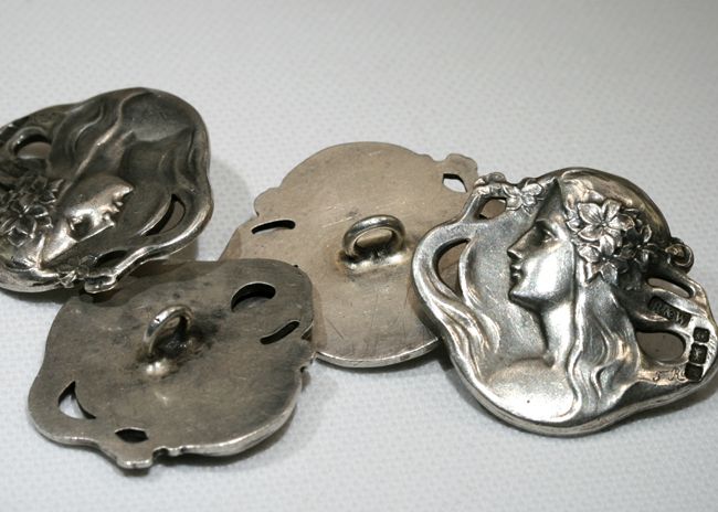 Set of Four Art Nouveau Lady in Head Profile Silver Buttons Signed by Felix Rasumny Set of Four Art Nouveau Lady in Head Profile Silver Buttons Signed by Felix Rasumny