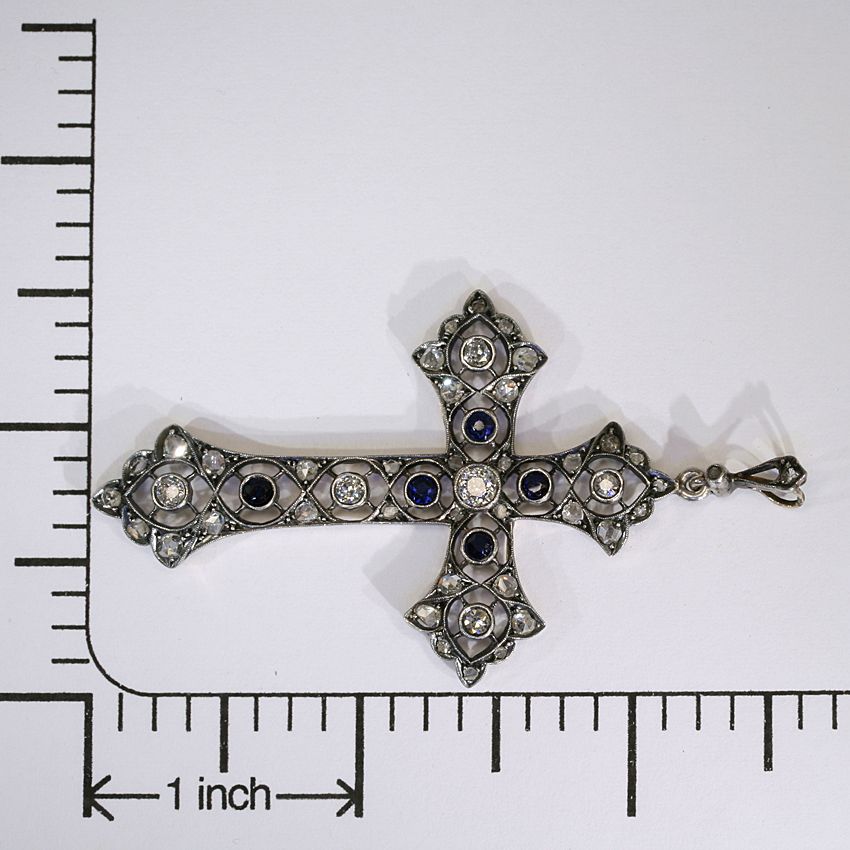 Amazing Antique Edwardian Sapphire and Diamond Cross, 18k Gold and Silver c.1910 Amazing Antique Edwardian Sapphire and Diamond Cross, 18k Gold and Silver c.1910