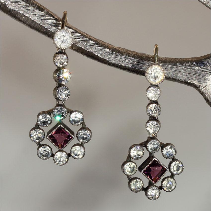 Antique Edwardian Paste Earrings in Purple and White set in Silver and