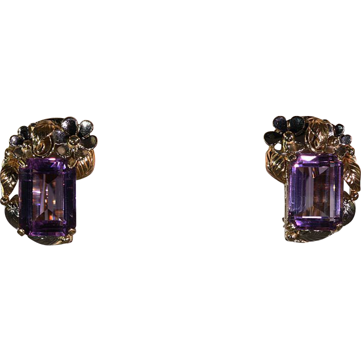 Stylish Vintage Retro Amethyst and Gold Floral Earrings Stylish Vintage Retro Amethyst and Gold Floral Earrings