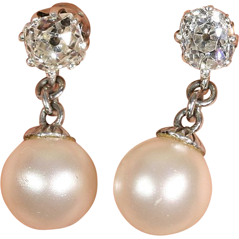 Stunning Vintage Art Deco Diamond and Pearl Earrings c.1920 Stunning Vintage Art Deco Diamond and Pearl Earrings c.1920