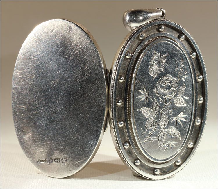 Antique Victorian Silver Locket with Butterfly and Flower Motif, Hallmarked 1880 Antique Victorian Silver Locket with Butterfly and Flower Motif, Hallmarked 1880