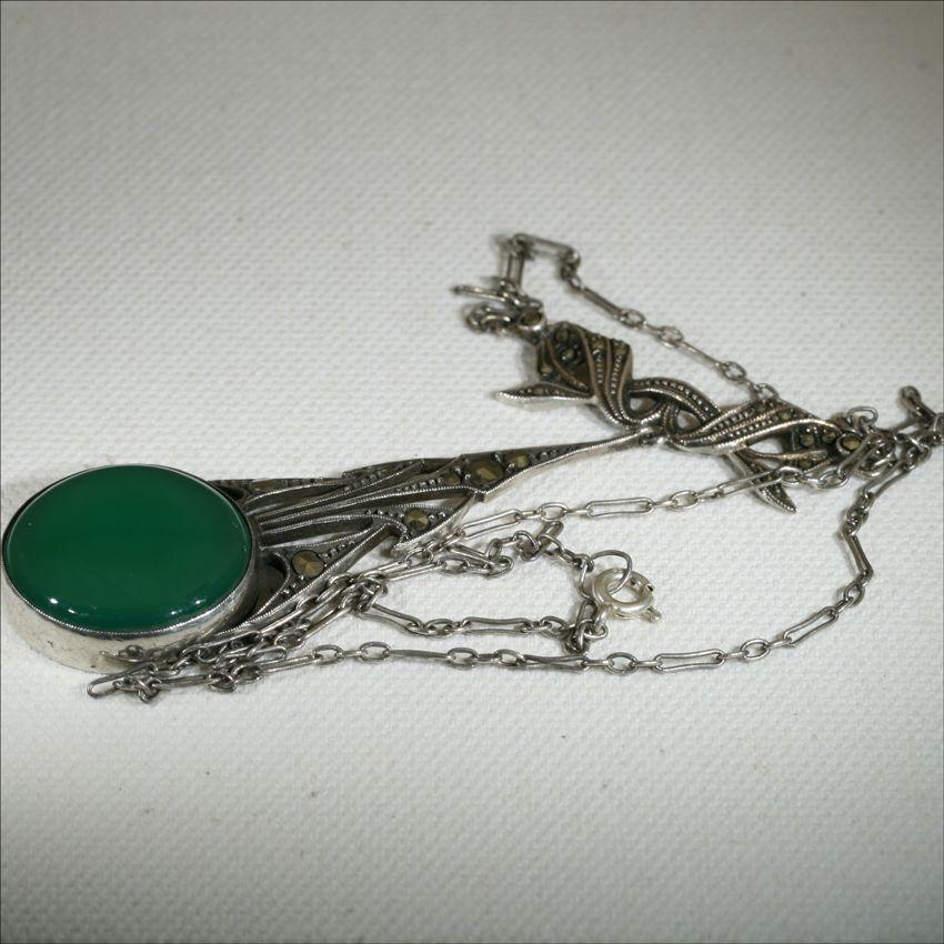 Vintage Silver Art Deco Marcasite and Chalcedony Necklace c.1930 Vintage Silver Art Deco Marcasite and Chalcedony Necklace c.1930