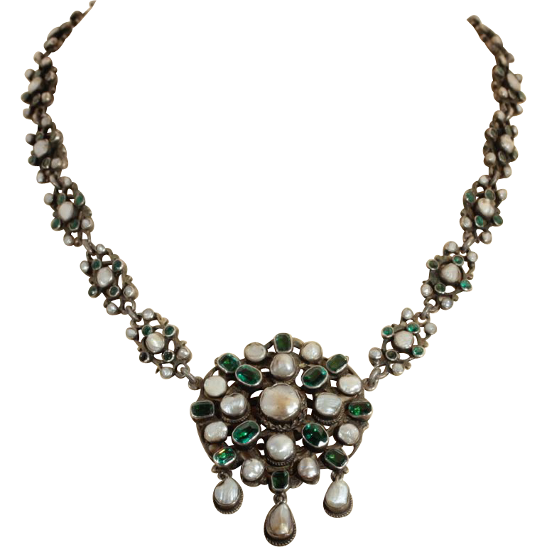 Antique Silver Austro Hungarian Green Garnet Doublet and Pearl Necklace c.1870 Antique Silver Austro Hungarian Green Garnet Doublet and Pearl Necklace c.1870