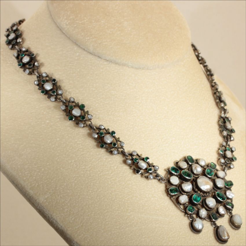 Antique Silver Austro Hungarian Green Garnet Doublet and Pearl Necklace c.1870 Antique Silver Austro Hungarian Green Garnet Doublet and Pearl Necklace c.1870