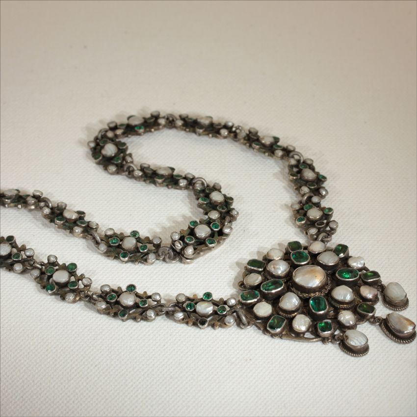 Antique Silver Austro Hungarian Green Garnet Doublet and Pearl Necklace c.1870 Antique Silver Austro Hungarian Green Garnet Doublet and Pearl Necklace c.1870