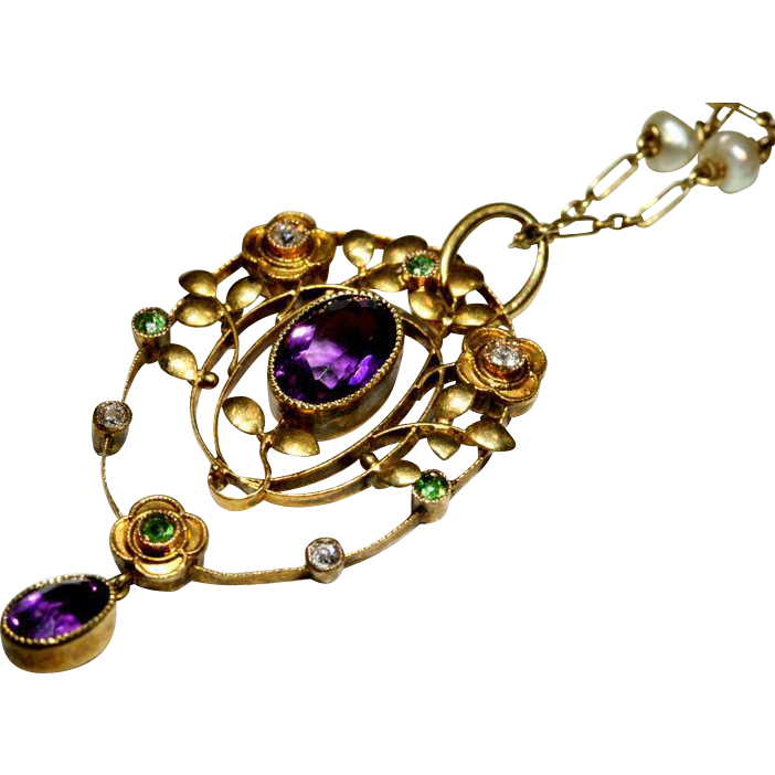 Exceptional 15k Gold Murrle Bennett and Company Diamond, Amethyst and Demantoid Garnet 'Suffragette' Pendant with French Chain Exceptional 15k Gold Murrle Bennett and Company Diamond, Amethyst and Demantoid Garnet 'Suffragette' Pendant with French Chain