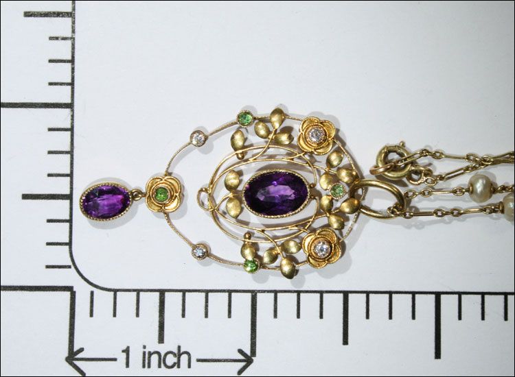 Exceptional 15k Gold Murrle Bennett and Company Diamond, Amethyst and Demantoid Garnet 'Suffragette' Pendant with French Chain Exceptional 15k Gold Murrle Bennett and Company Diamond, Amethyst and Demantoid Garnet 'Suffragette' Pendant with French Chain