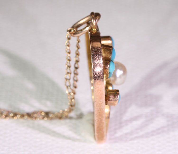 Antique Edwardian Pearl and Turquoise Heart Pendant on Chain, 9k Gold Antique Edwardian Pearl and Turquoise Heart Pendant on Chain, 9k Gold