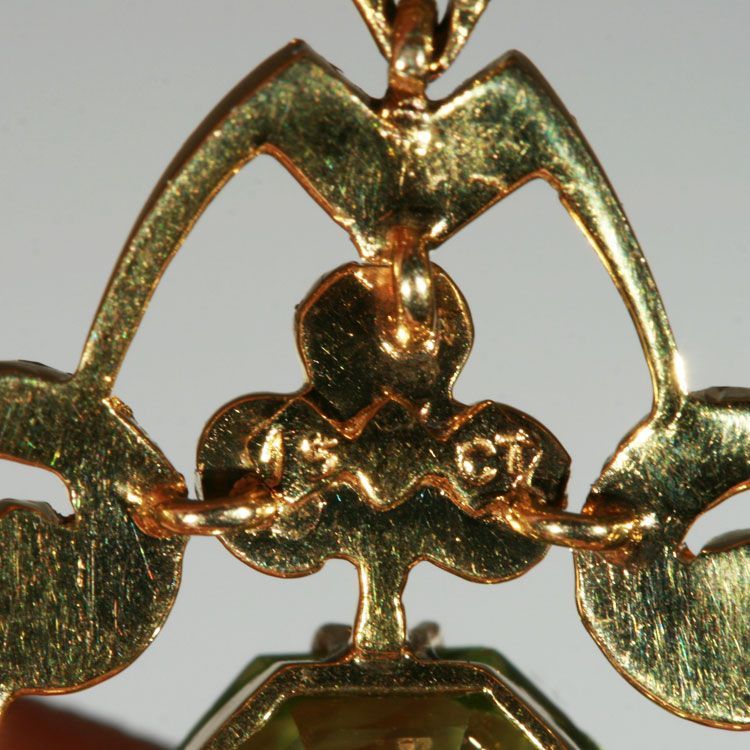 Antique Edwardian Peridot and Pearl Pendant Lavalier, 15k Gold c. 1905 Antique Edwardian Peridot and Pearl Pendant Lavalier, 15k Gold c. 1905