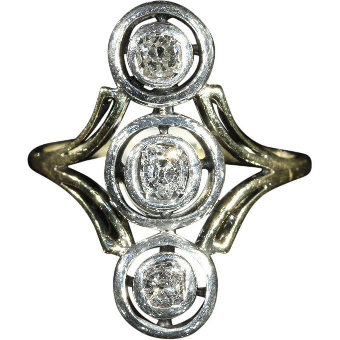 Antique Arts & Crafts Diamond Engagement Ring, Unique 3 Stone Design Antique Arts & Crafts Diamond Engagement Ring, Unique 3 Stone Design