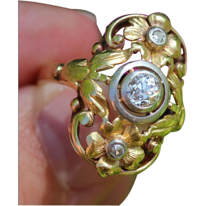 Antique Art Nouveau Diamond Ring, 14k and Platinum, c. 1910 Antique Art Nouveau Diamond Ring, 14k and Platinum, c. 1910
