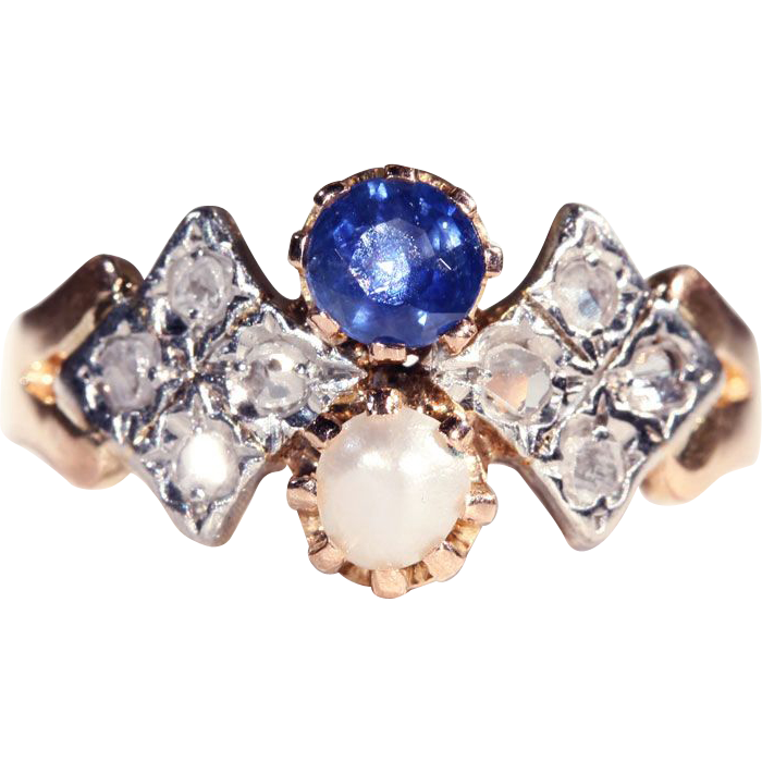 Antique Sapphire, Pearl and Rose Cut Diamond Ring, 18k & Platinum c. 1905 Antique Sapphire, Pearl and Rose Cut Diamond Ring, 18k & Platinum c. 1905