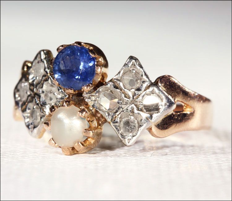 Antique Sapphire, Pearl and Rose Cut Diamond Ring, 18k & Platinum c. 1905 Antique Sapphire, Pearl and Rose Cut Diamond Ring, 18k & Platinum c. 1905